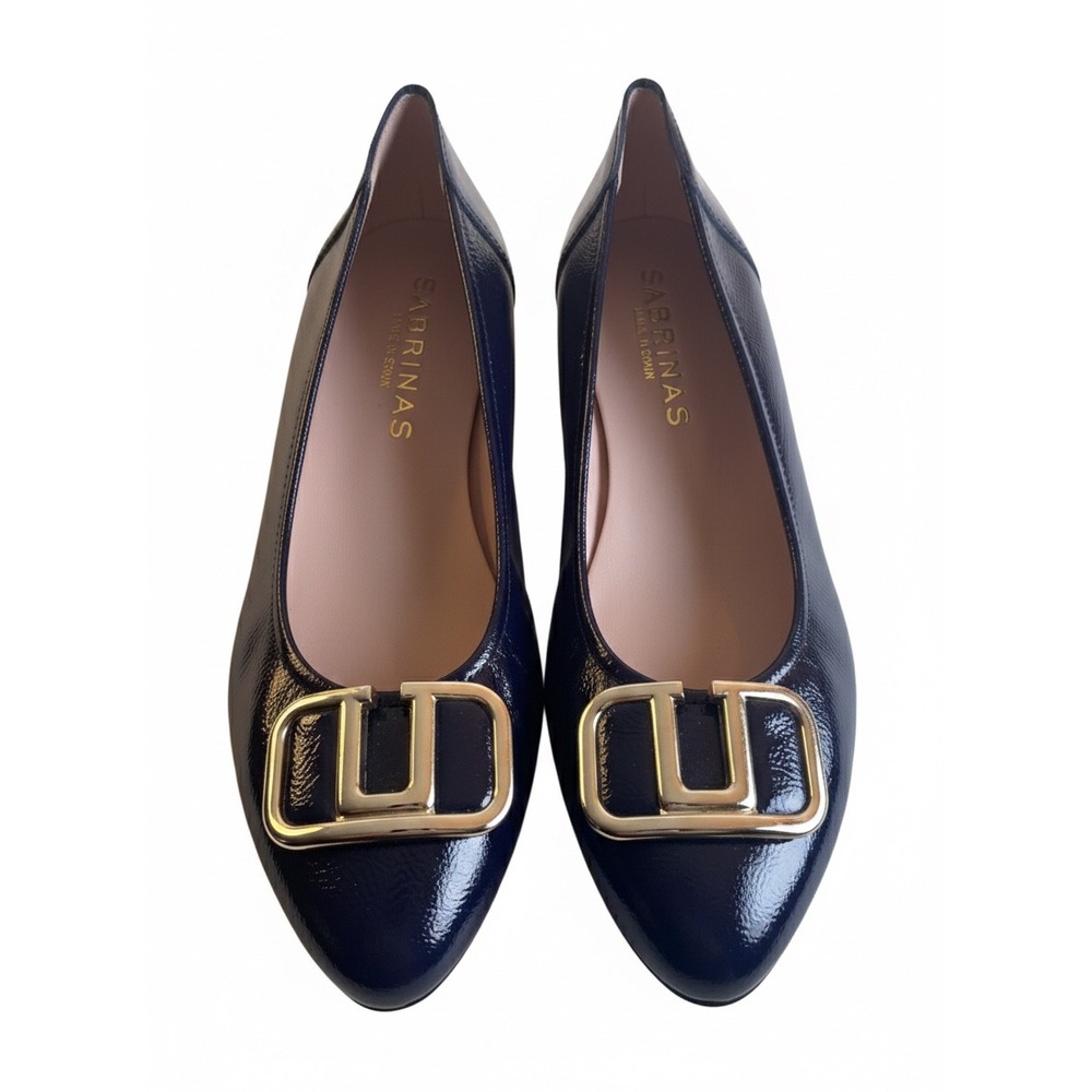 SABRINAS Navy Patent Leather Buckle Flats Made in Spain Size 38 Pointed Toe